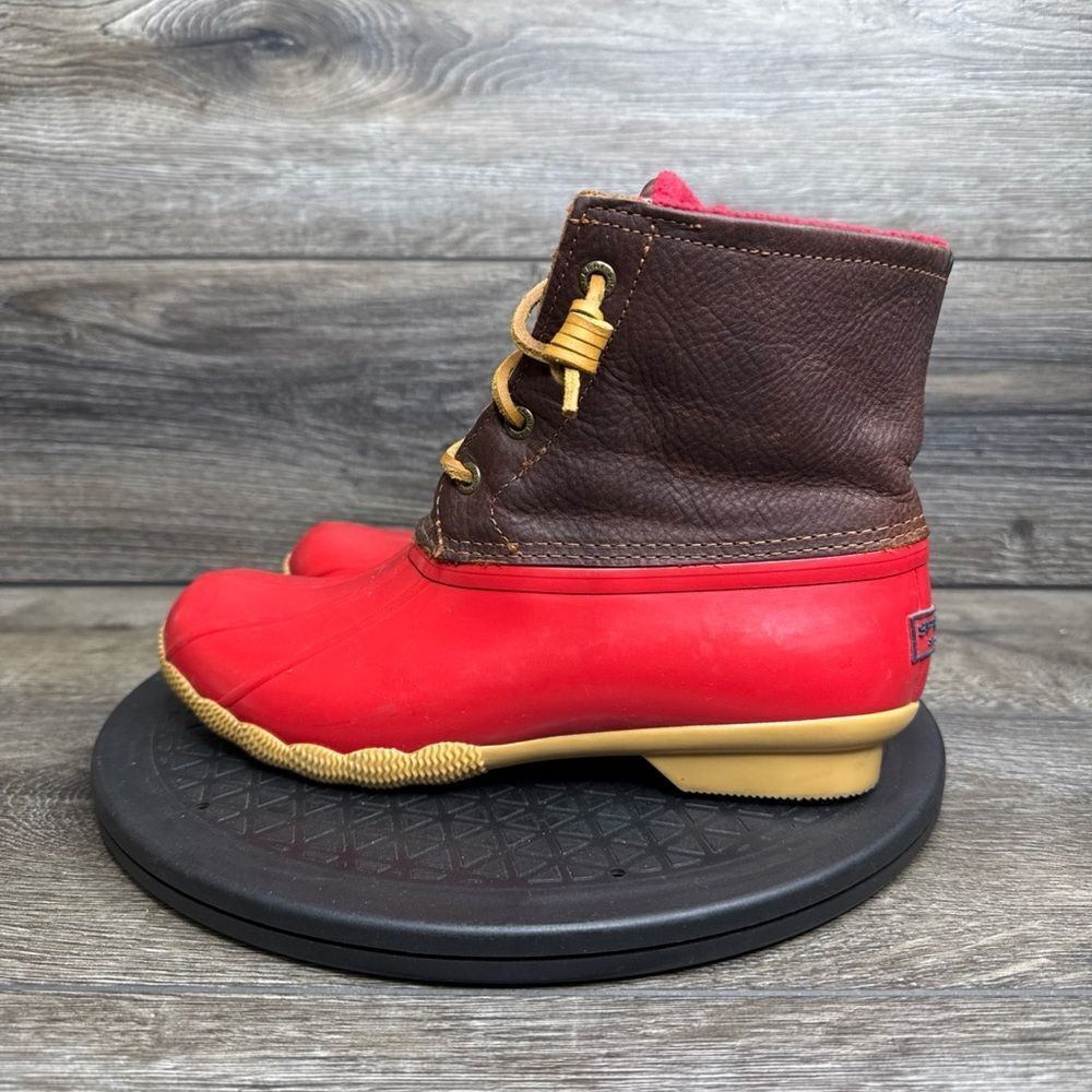 Sperry Top-Sider Saltwater Rain Boots Leather Rubber Women's Size 7.5 Red Brown - Picture 3 of 10